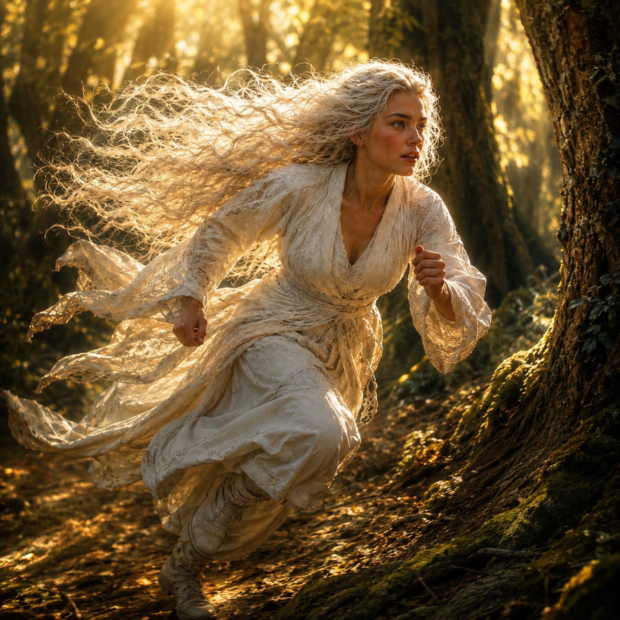Gretchen running through the forest